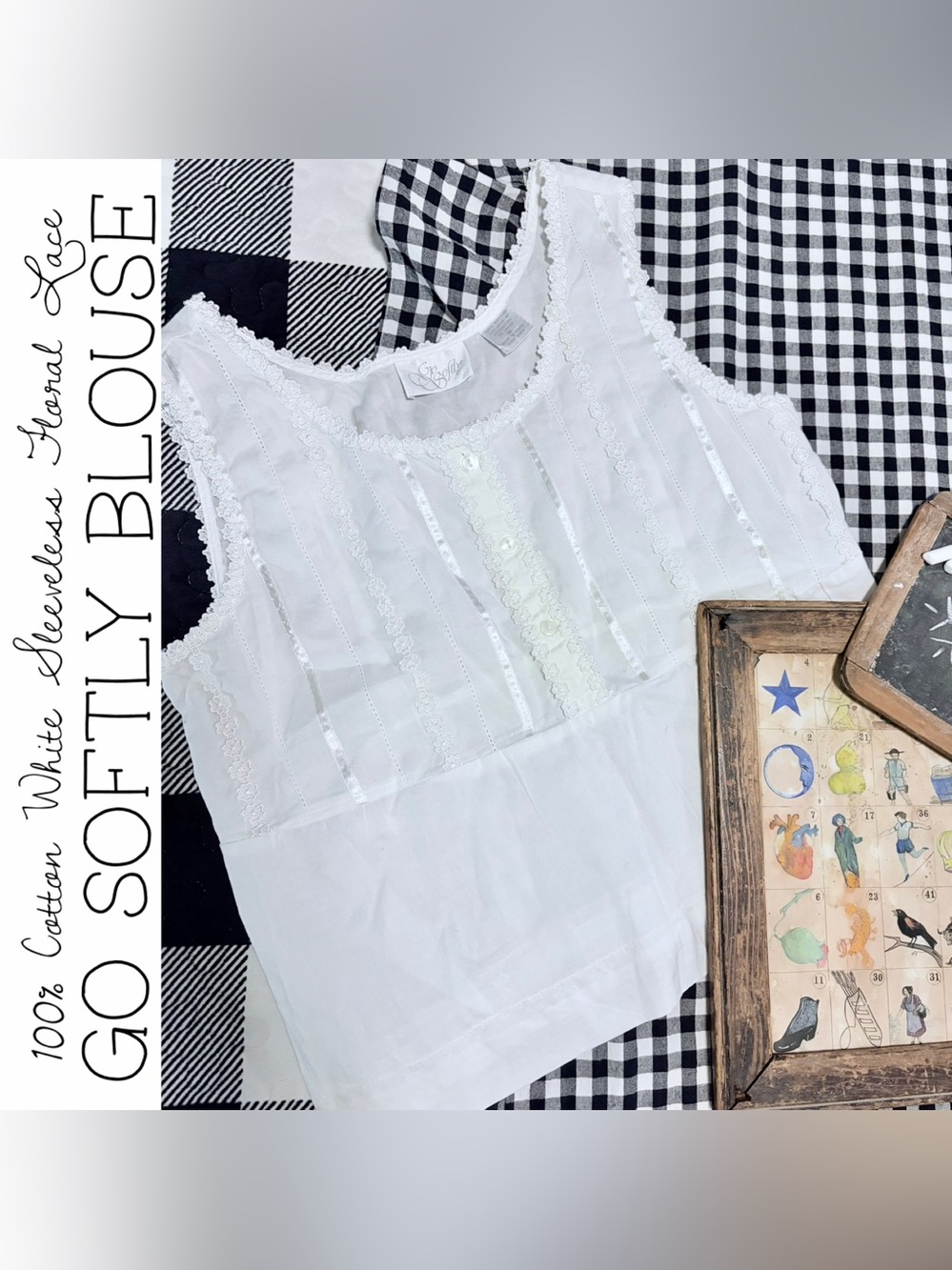 Go Softly White Sleeveless Floral Lace Trim Blouse